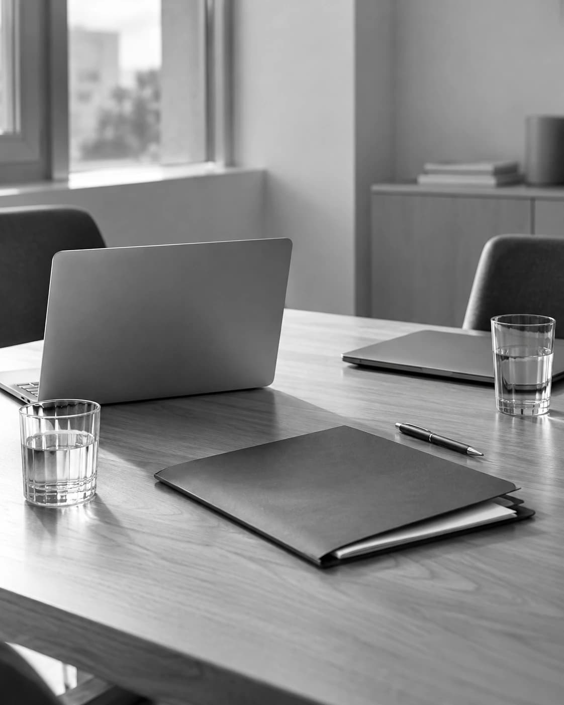 Gemeinsamer Arbeitstisch mit Laptops, Unterlagen und Wassergläsern ohne Personen