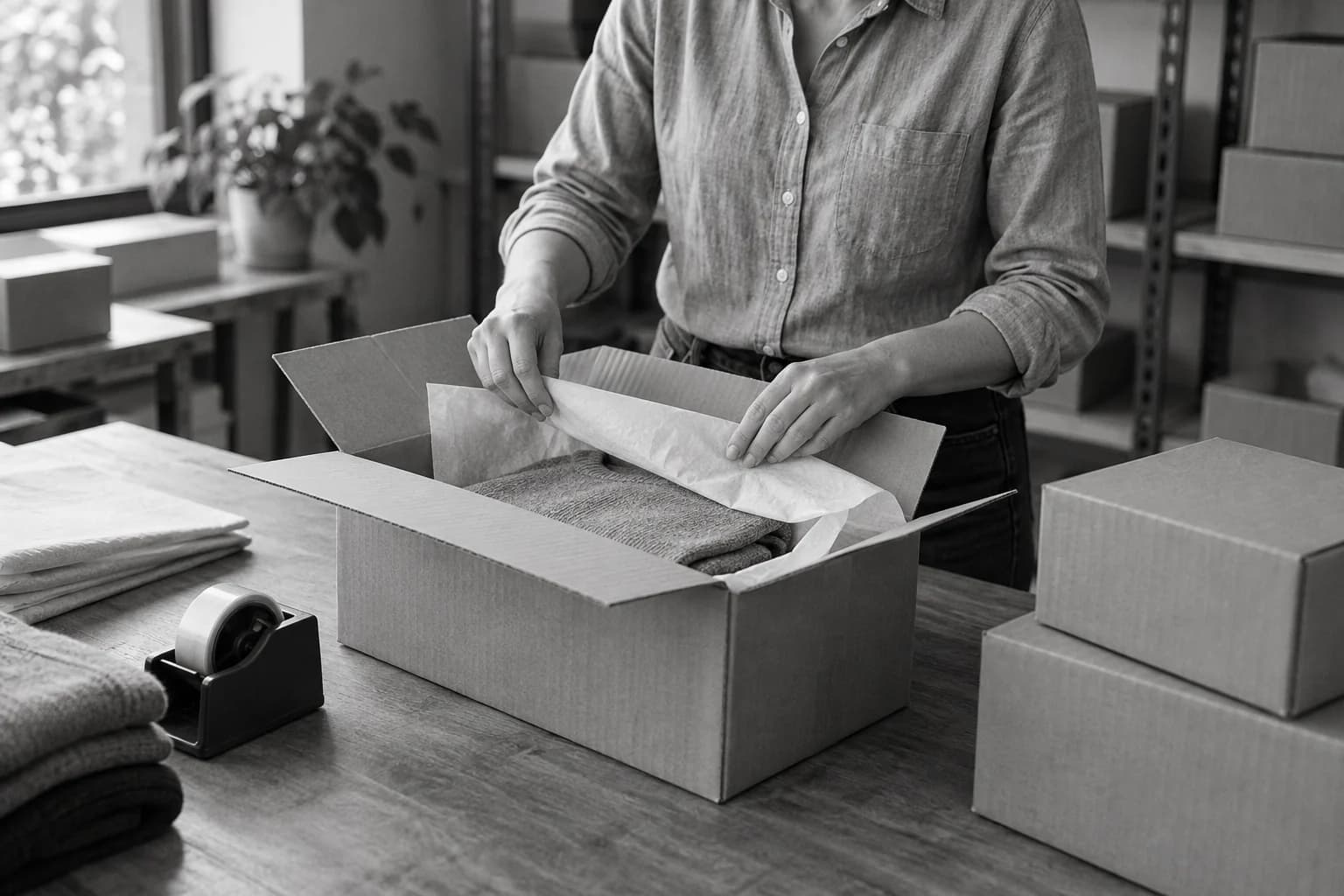 Kleidungsstücke werden an einem Packtisch für den Versand vorbereitet